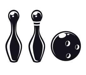 Monochrome flat icons, bowling skittles with ball. Vector illustration, isolated on white background. Sport games. Simple shape for design logo, emblem, symbol, sign, badge, label, stamp.