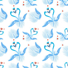 Vector seamless tropical pattern, Two flamingos in love and tropical palm leaves, plants, bird of paradise. Romantic Valentine's Day template. Pattern trend design.