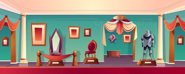Vector castle museum hall with the throne, knight armor and chair. Background with the medieval exhibition with red carpet, canopy and ancient objects. History showroom for an excursion, tour. © vectorpouch