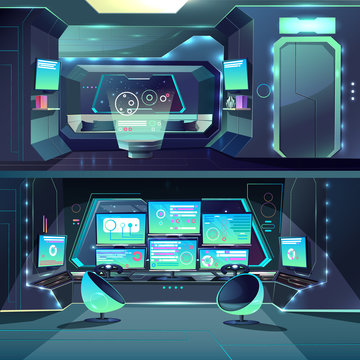 Vector captain cabin in the futuristic spaceship with datacenter, interfaces and servers. Cartoon interior of alien orlop, cockpit in spacecraft, interstellar rocket. Science fiction, game background.