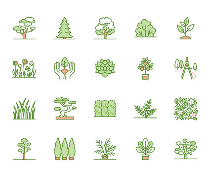 Trees flat line icons set. Plants, landscape design, fir tree, succulent, privacy shrub, lawn grass, flowers vector illustrations. Thin green signs for garden store