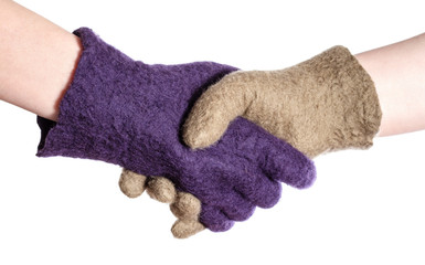 handshake of hands in colour woolen gloves