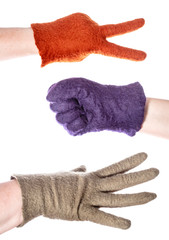 hands in colour gloves show rock-paper-scissors