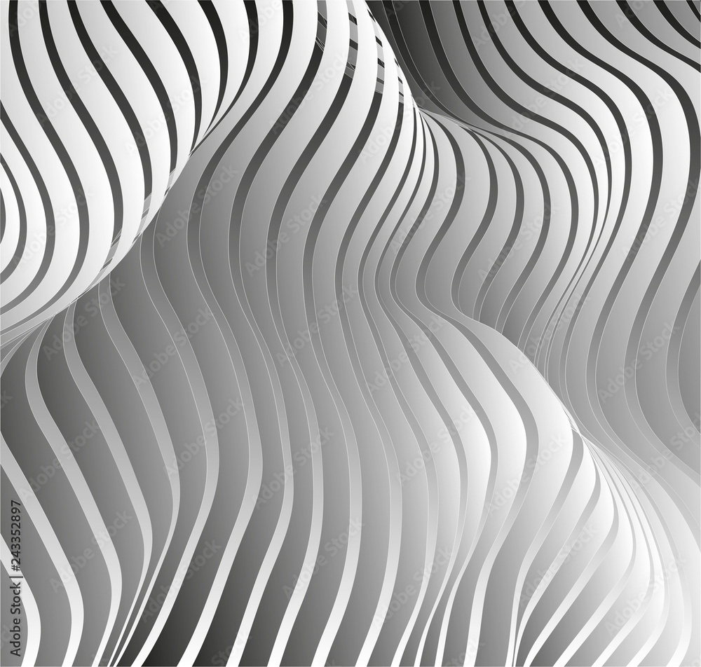 Poster parallel bands of metal with a gradient fill. bizarre curved shape. acrylic patterns. background for