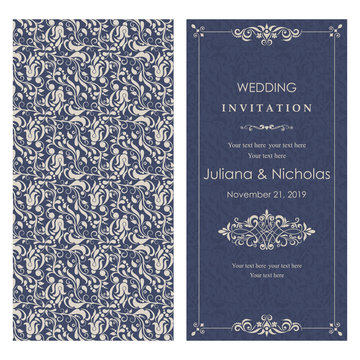 Wedding invitation cards  baroque style blue and beige. Vintage  Pattern. Retro Victorian ornament. Frame with flowers elements. Vector illustration.
