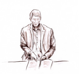 Man reading dokuments at the table in office - drawn pastel pencil graphic artistic illustration on paper