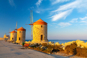 Windmill in Rhodes town during sunset, Greece