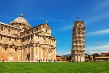 Leaning Tower of Pisa in Tuscany and the Cathedral of the assumption of the blessed virgin Mary