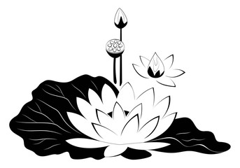 Lotus flower with leaves black silhouette. Poster with water lily vector illustration isolated on white background.