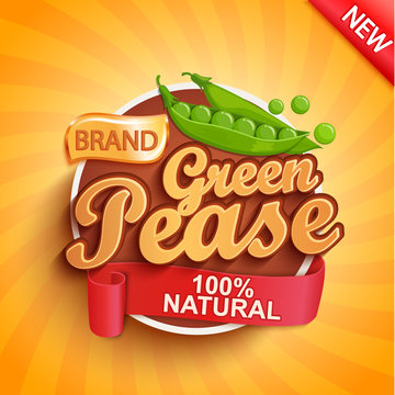 Fresh green pease logo, label or sticker on sunburst background. Natural, organic food.Tasty vegetables,Concept for farmers market, shops, packing and packages, advertising design.Vector illustration.