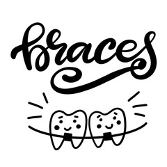 Lettering vector illustration about dental health care with the image of braces on teeth. EPS10. The image of the stages of orthodontic treatment for posters for dental clinic.
