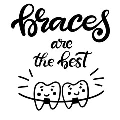 Lettering vector illustration about dental health care with the image of braces on teeth. EPS10. The image of the stages of orthodontic treatment for posters for dental clinic.