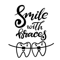 Lettering vector illustration about dental health care with the image of braces on teeth. EPS10. The image of the stages of orthodontic treatment for posters for dental clinic.