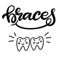 Obraz premium Lettering vector illustration about dental health care with the image of braces on teeth. EPS10. The image of the stages of orthodontic treatment for posters for dental clinic.