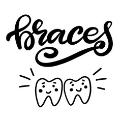 Lettering vector illustration about dental health care with the image of braces on teeth. EPS10. The image of the stages of orthodontic treatment for posters for dental clinic.