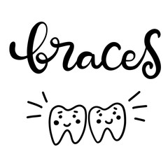 Lettering vector illustration about dental health care with the image of braces on teeth. EPS10. The image of the stages of orthodontic treatment for posters for dental clinic.