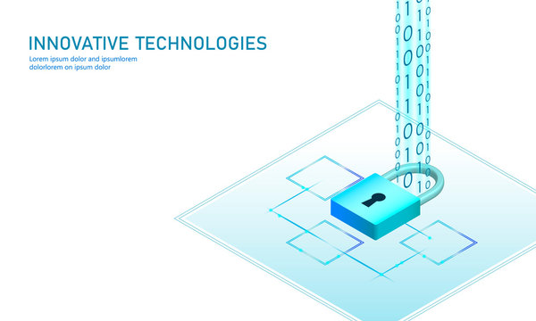 Isometric internet security lock business concept. Blue glowing isometric personal information data connection pc smartphone future technology. 3D infographic vector illustration
