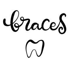 Lettering vector illustration about dental health care with the image of braces on teeth. EPS10. The image of the stages of orthodontic treatment for posters for dental clinic.