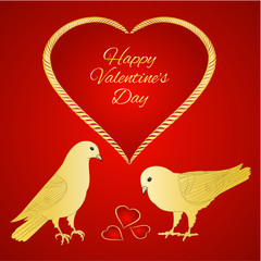 Golden birds Pigeons and heart valentines place for text red background vintage vector illustration editable hand draw
