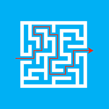 White square labyrinth on a colored background. Business decision. Activity page. Game puzzle. Find the right path. Maze conundrum. Vector illustration for the magazine.