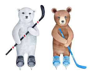 Set of two different bear cubs, brown and polar, ice hockey player characters. Hand drawn water color graphic illustration on white background. Cutout clipart sketches for design, prints, stickers.