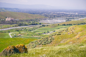View of the bayshore freeway and the PG&E Metcalf electricity substation, south San Jose, San...