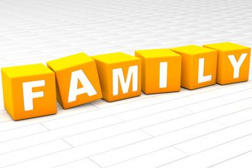 3D rendered illustration of the word Family made of cubes.