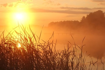 Fototapeta na wymiar hazy lake at sunrise