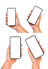 Woman and Man hand holding the black smartphone with blank screen isolated on white