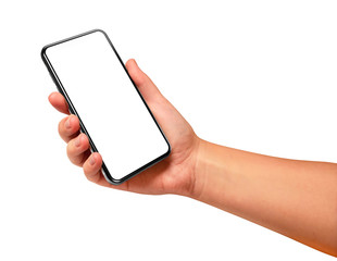 Woman holding black smartphone with blank screen isolated on white