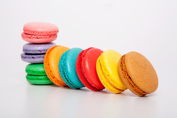 Sweet and colourful macaroons or macaron on white background, Desert.