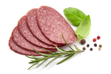 Sliced Smoked Salami Sausage, close-up, isolated on a white background