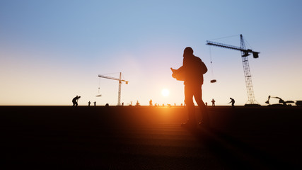 Fototapeta na wymiar Engineer and construction workers and silhouette cranes 3d rendering