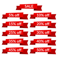 Set of red sale ribbons with different discount
