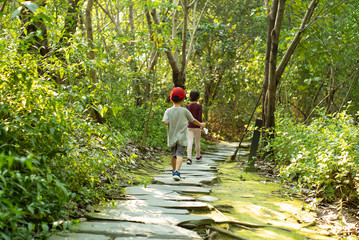 Back portrait of sister and brother walking in the trail for surveying the natural fieldwork