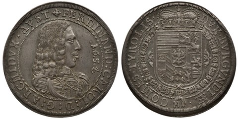 Holy Roman Empire of German Nation silver coin 1 one thaler 1654, bust of Emperor Ferdinand Karl...