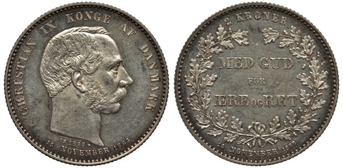 Denmark Danish silver coin 2 two kroner 1888, subject 25th Anniversary of Reign, head of Christian...
