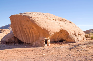 Bedouin stone shelter in desert  Wadi Rum in Jordan