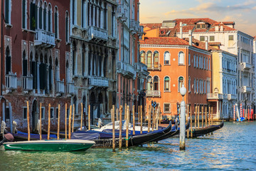 Venice view, gondolas in the Grand Canal at sunrise