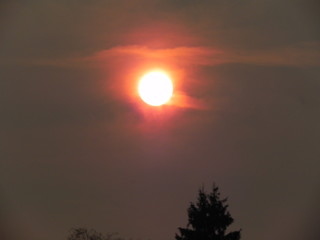 Awesome red-pink sun in the evening sky. The desert sands of Kara Kum eclipsed the sun after a...