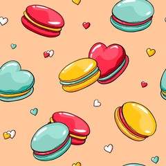 Vector seamless pattern with doodle macaroons and hearts. Valentine's day pattern with cute cartoon macaroons. Hand drawn image with heart shape french macaroons. For fabric and wrapping paper.