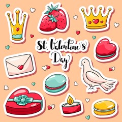 Cute Valentine's day stickers in doodle style. Vector elements for Valentine`s day. St.Valenyine's day lettering.