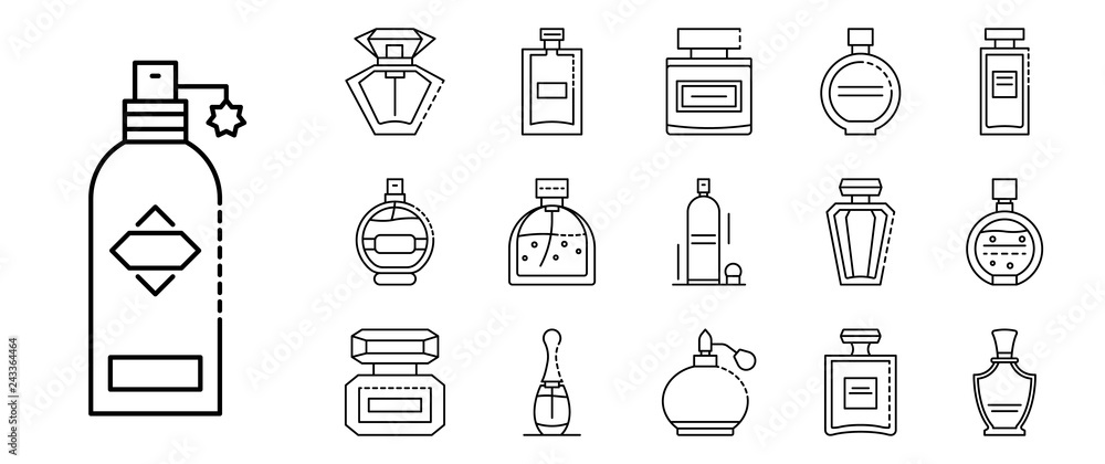 Poster fragrance bottles icons set. outline set of fragrance bottles vector icons for web design isolated o