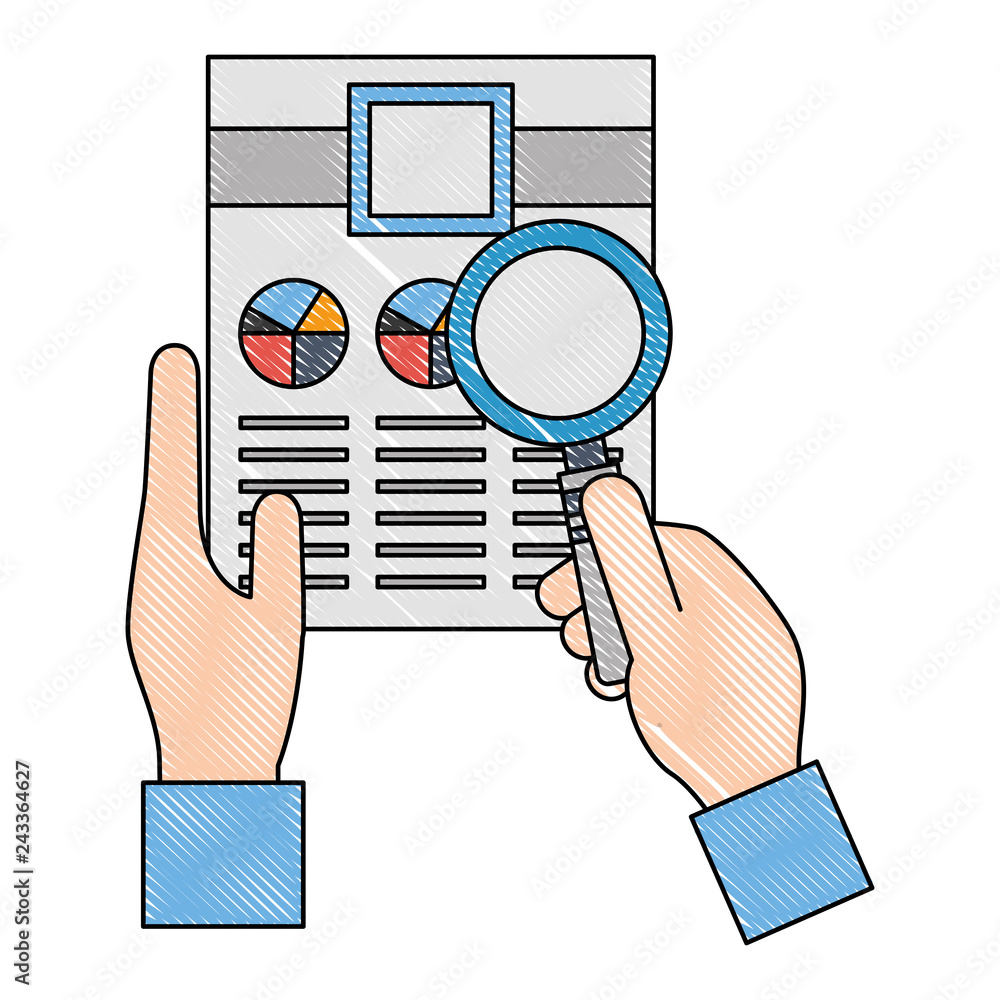 Poster hands with document file and magnifying glass