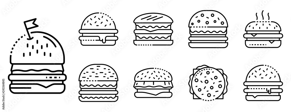 Poster burger icons set. outline set of burger vector icons for web design isolated on white background