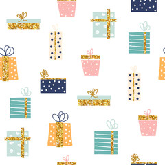 Seamless pattern with gift boxes with gold glitter elements. Cute holiday print. Vector hand drawn illustration.