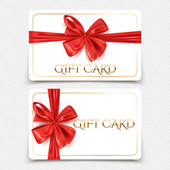 Gift cards template with decorative red ribbon bow, vector illustration