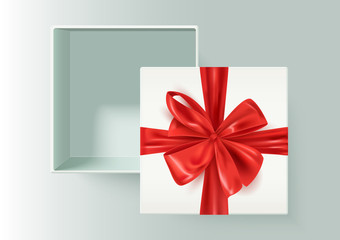 White open realistic box with red decorative ribbon bow, gift, present, vector illustration