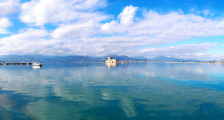 landscape of the water castle of Bourtzi - a Venetian castle in the middle of the harbour of Nafplio Argolis Greece