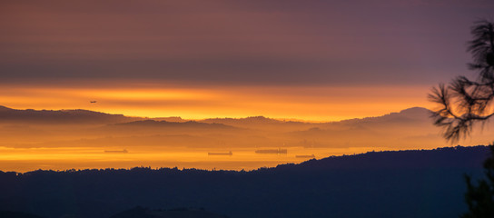 Sunset panorama towards San Francisco bay as seen from the summit of Mt Diablo, Mt Diablo State...